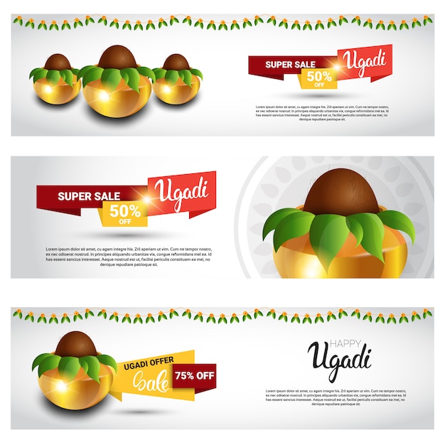 Set di banner di cartolina d'auguri di nuovo anno indù felice ugadi gudi padwa vendita vacanza