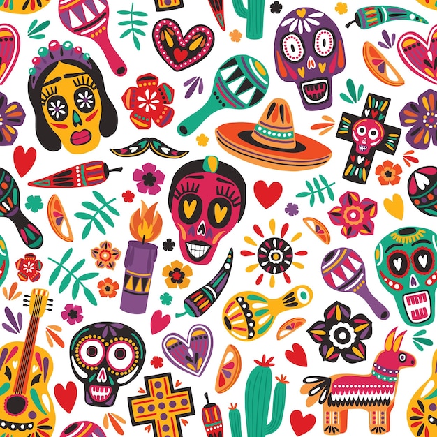 Holiday seamless pattern decorated by Mexican skulls, pepper, pinata, cross, candle, maracas, guitar, sombrero, cactus on white background. Bright colored vector illustration for festive backdrop.