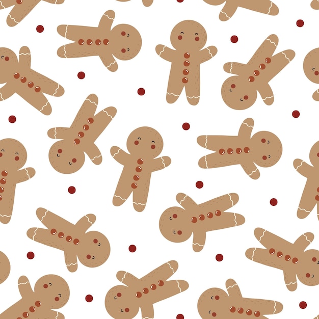 holiday seamless pattern with cartoon gingerbread man, decorative elements