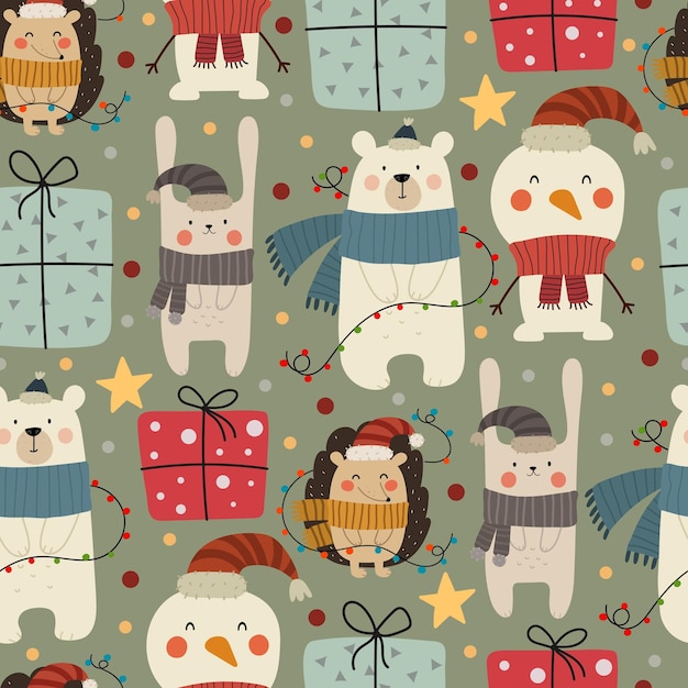 holiday Seamless pattern with cartoon polar bear, hedgehog, hare, present, decor elements