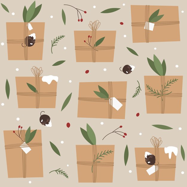 Vector holiday seamless pattern with christmas gift box in kraft paper with twine ribbon and wreaths