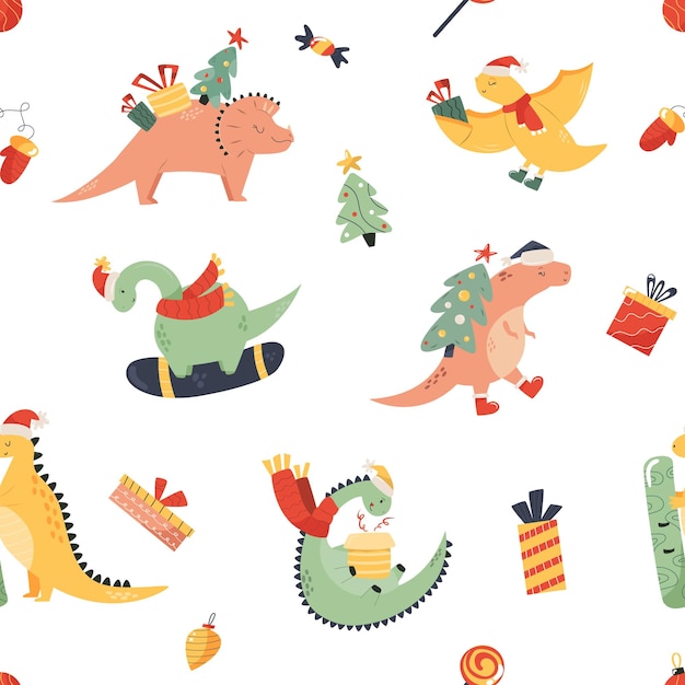 Holiday seamless pattern with cute dinos