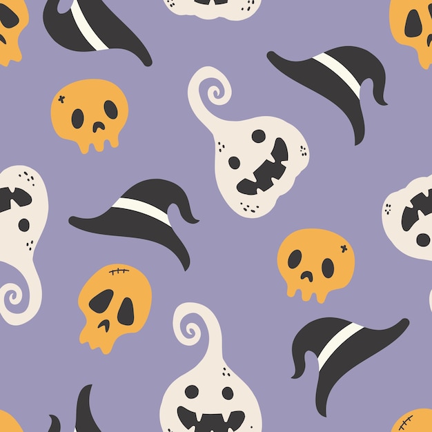 Holiday seamless pattern with funny characters pumpkins and skull halloween vector illustration creative childish texture in scandinavian style great for fabric textile