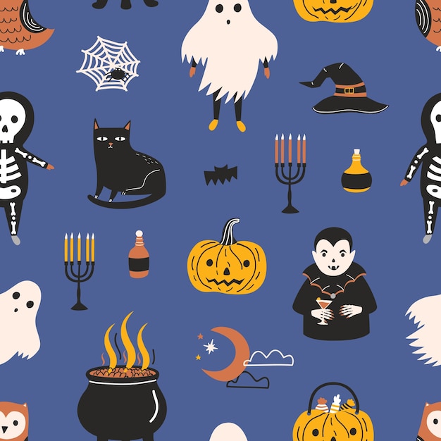 Holiday seamless pattern with funny scary magic characters and items on dark