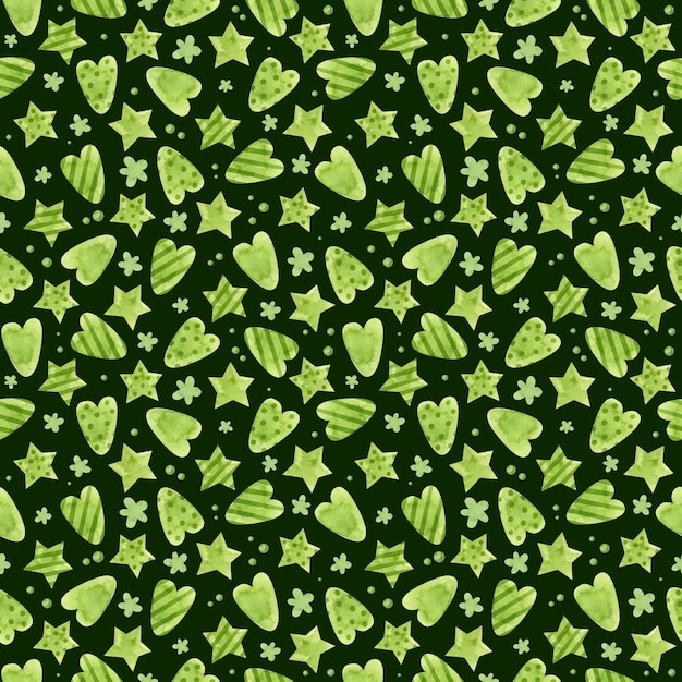Holiday seamless pattern with green Christmas stars and hearts