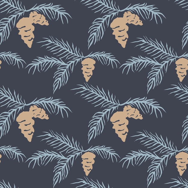 Vector holiday seamless pattern with hand drawn fir tree branch and cone isolated on dark blue  background