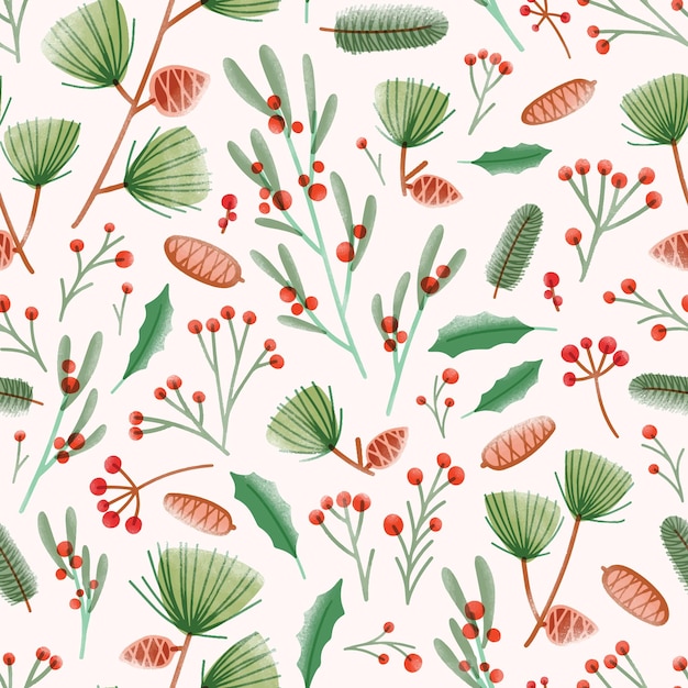 Holiday seamless pattern with holly leaves, mistletoe, pine cones, needles and branches on white surface