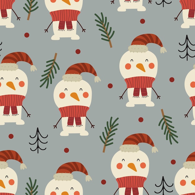 Vector holiday seamless pattern with snowman, christmas tree, decorative elements