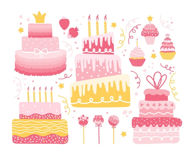Set di vacanza di diversi elementi dolci per un design festivo. raccolta di torte, cupcakes, muffin, fragole con panna, lecca lecca rotondi. compleanno, matrimonio, anniversario, san valentino