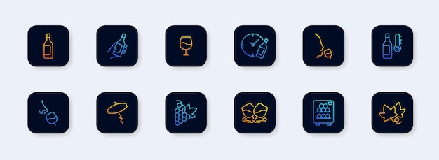 Holiday set icon Celebration alcohol cheese grapes chimes glass refrigerator degree champagne wine Relaxation concept Neomorphism style Vector line icon