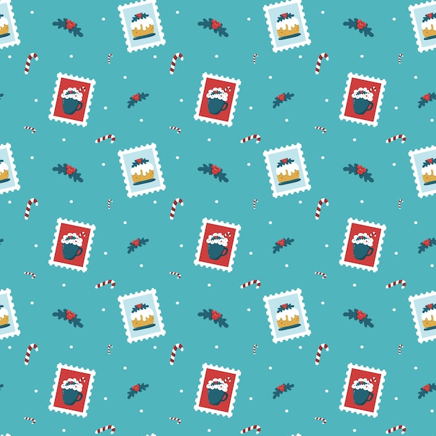 Vector holiday stamps pattern with christmas pudding and cup of hot drink on cyan background