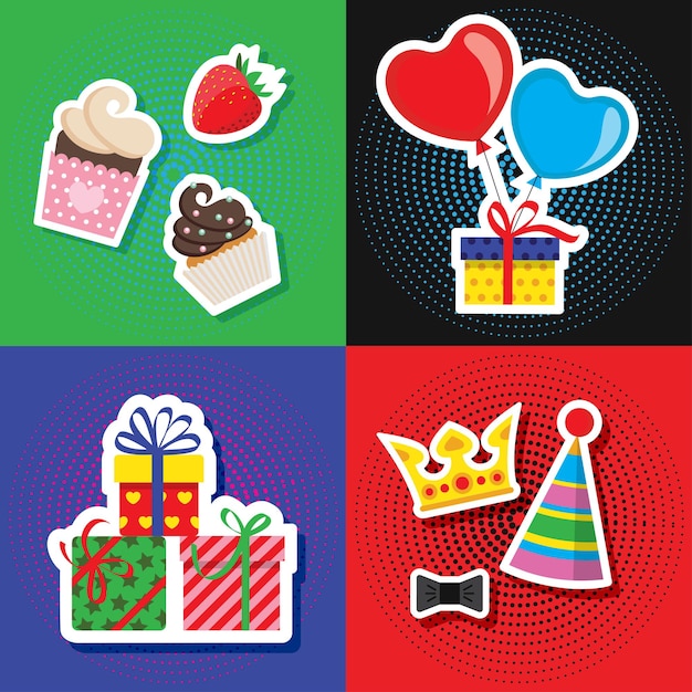 Holiday stickers in the style of pop art on a retro background