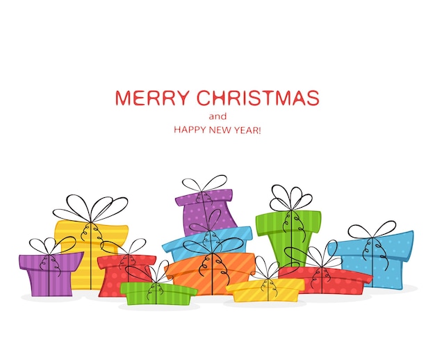 Holiday theme. Colorful presents isolated on white background with lettering Merry Christmas, illustration.