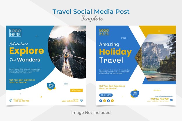 休日の観光と旅行の正方形のチラシと facebook と instagram のソーシャル メディアの投稿バナー テンプレート
