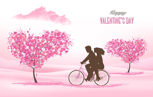 Holiday Valentine's Day background. Couple in love on a bicycle and heart shaped tree with heart-shaped leaves. Vector