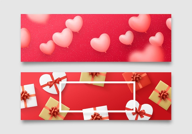 Holiday valentine's day horizontal banner, website header, web poster. realistic design, heart shaped helium balloons and gift boxes. vector illustration