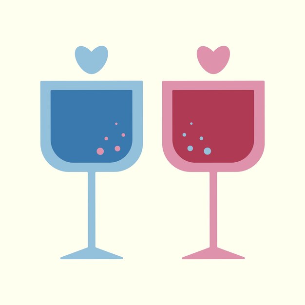 Holiday vector pink and blue wine glasses with heart isolated illustration