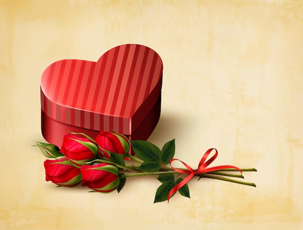 Vector holiday vintage valentine`s day background. red roses with red heart-shaped gift box. vector illustration.