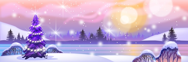 크리스마스 트리, 화환, 얼어 붙은 호수, 숲 실루엣, 태양 휴일 겨울 북부 풍경