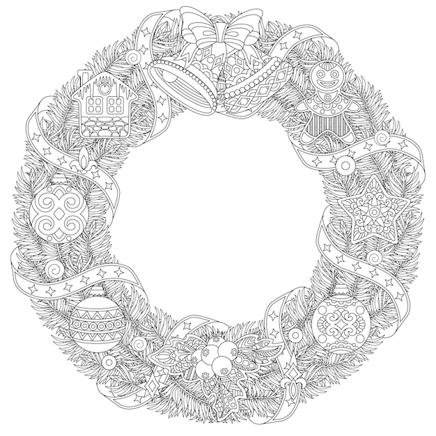 Holiday wreath. zentangle colouring illustration. line art design for adult coloring book page.