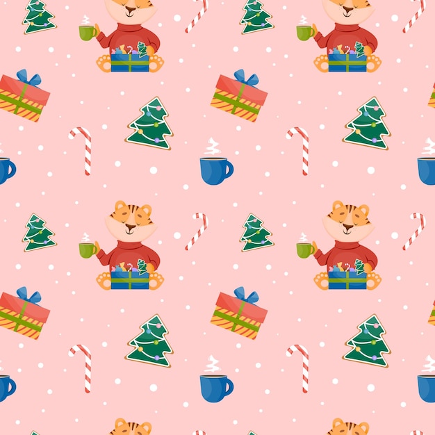虎の子の甘いキャンディーマグボックスギフトクリスマスツリーと休日のクリスマスのシームレスなパターン