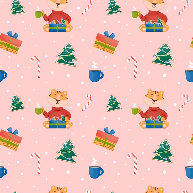 Holidays christmas seamless pattern with tiger cub sweet candy mag box gift Christmas tree