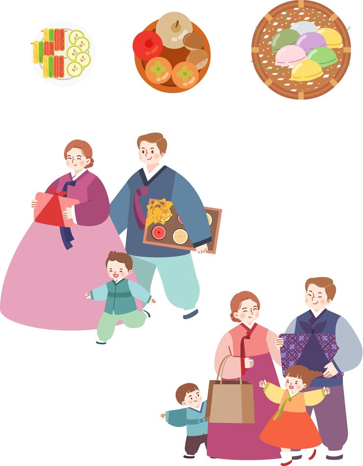 Vector holidays hangawi chuseok lunar new year hanbok korea holiday food korean pancakes songpyeon