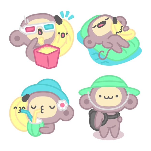 Collezione di adesivi per le vacanze con scimmia e banana