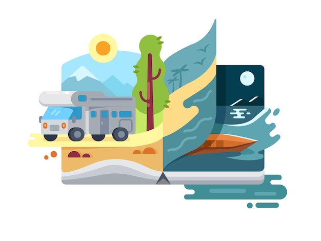 Holidays and vacations in nature. Travel trailer outdoor rest. Vector illustration 