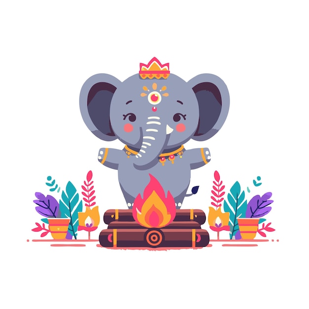 Holika Dahan viering olifant platte vector ontwerp