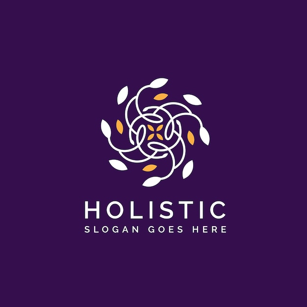 Holistic medical and health wellness logo design with leaf line pattern in gold white purple color