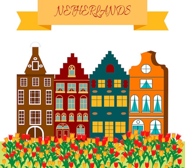 Vector holland reizen culturele en toeristische symbolen frame met tulpen houten klompen en windmolens