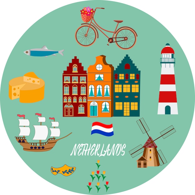 Vector holland travel cultural and sightseeing symbols frame with tulips wooden clogs and windmills