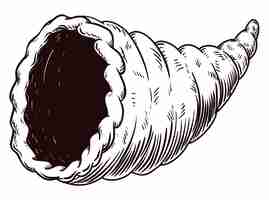 Vector hollow cornucopia or horn of plenty in hand drawn style isolated over white background
