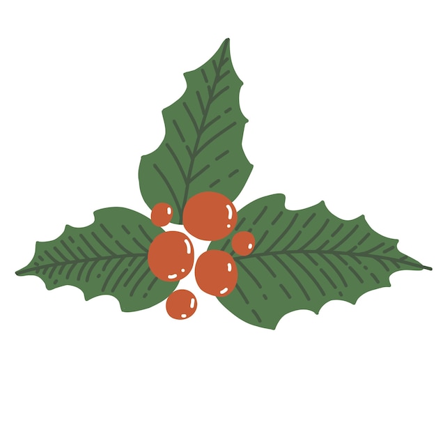 Holly Berries in cartoon flat style. Plant decoration for Christmas and New Year holiday