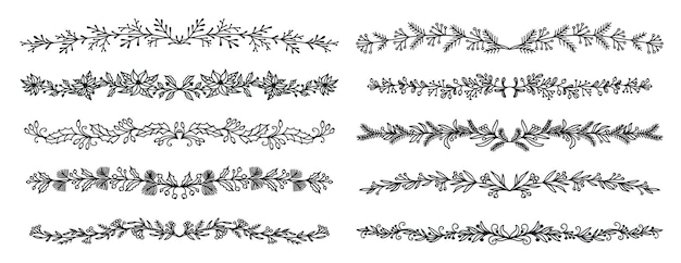 Bordi e delimitatori floreali per divisori natalizi e nuziali con bacche di agrifoglio vettore vignette e separatori fioriti divisori per cornici floreali con bacche di agrifoglio per la decorazione delle vacanze invernali e biglietti d'invito