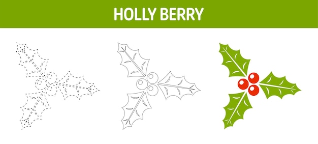 Holly berry tracing and coloring worksheet for kids