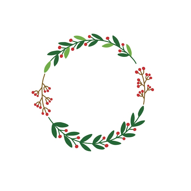 Holly Christmas wreath hand drawn illustration , Red and green flower decoration circle frame for text