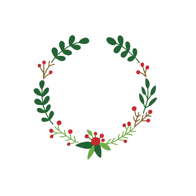 Holly Christmas wreath hand drawn illustration , Red and green flower decoration circle frame for text