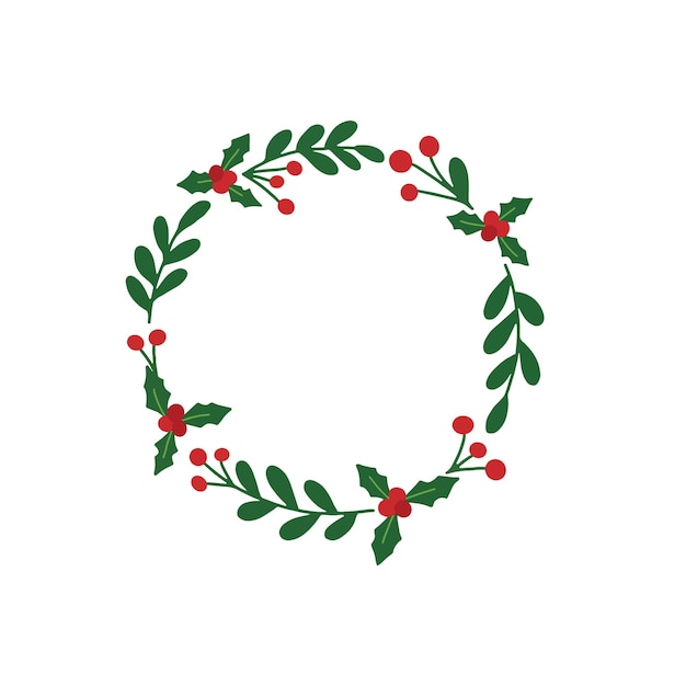 Holly Christmas wreath hand drawn illustration , Red and green flower decoration circle frame for text