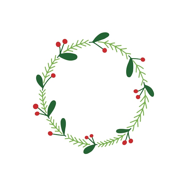 Holly Christmas wreath hand drawn illustration , Red and green flower decoration circle frame for text