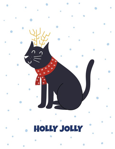 Holly Jolly Christmas greeting card with a cute cat in reindeer antler Winter print