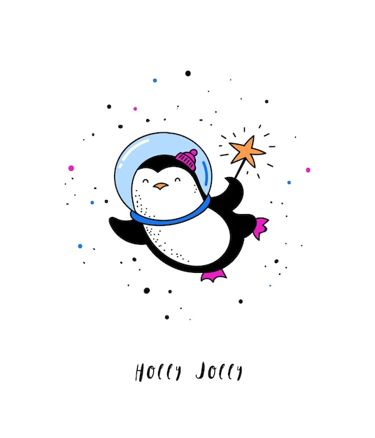 Biglietto di auguri holly jolly con pinguino astronauta nello spazio
