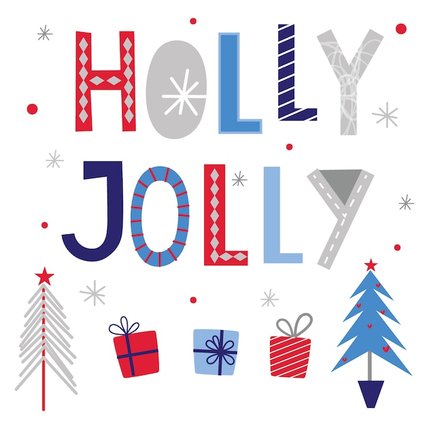 Vector holly jolly with tree and christmas gift