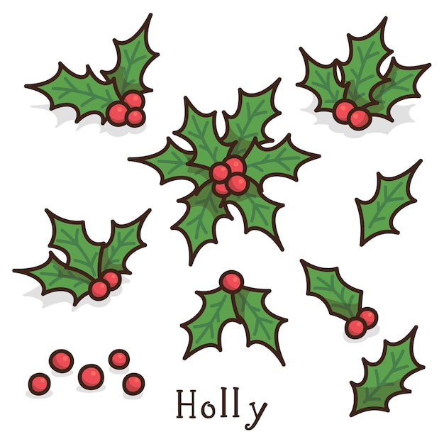 Holly leaf and berry set kawaii doodle flat cartoon vector illustration