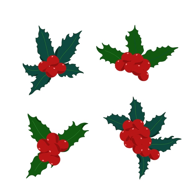 Vector holly plant set, rode bessen, bladeren traditionele wintervakantie illustratie, kerst symbool