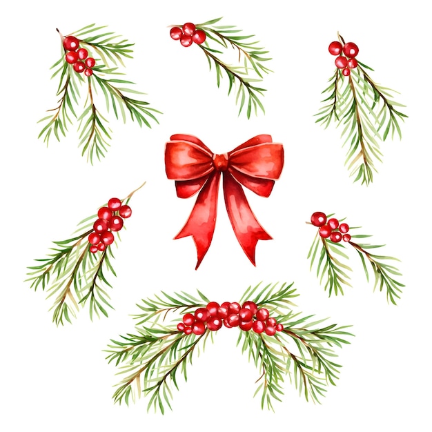 ヒイラギ スプルースの赤い果実クリスマス装飾用セットの赤い弓水彩ベクトル ベクトル図