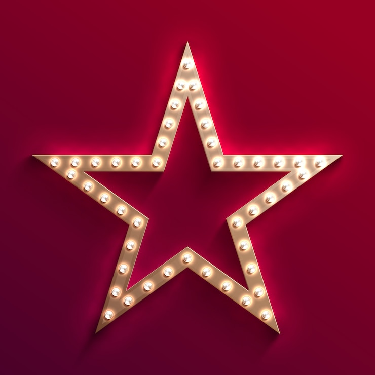 Vector hollywood-filmster met een lichtboltent. retro gouden filmframe. casino licht vector teken. ster met gloeilamp voor hollywood van de film, illustratie