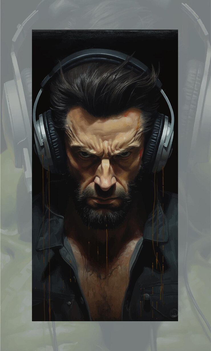 Vector hollywood heroes wolverine bluewing illustration a painting wearing headphones digital painting poster designs wall painting