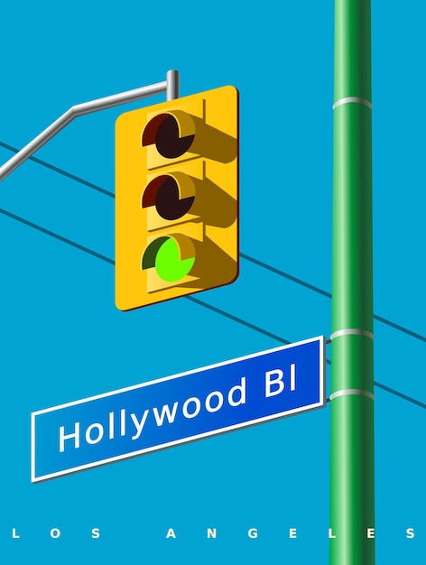 Vector hollywood-straatnaambord op de groene pilaar een klassiek geel verkeerslicht met een groen lichtsignaal